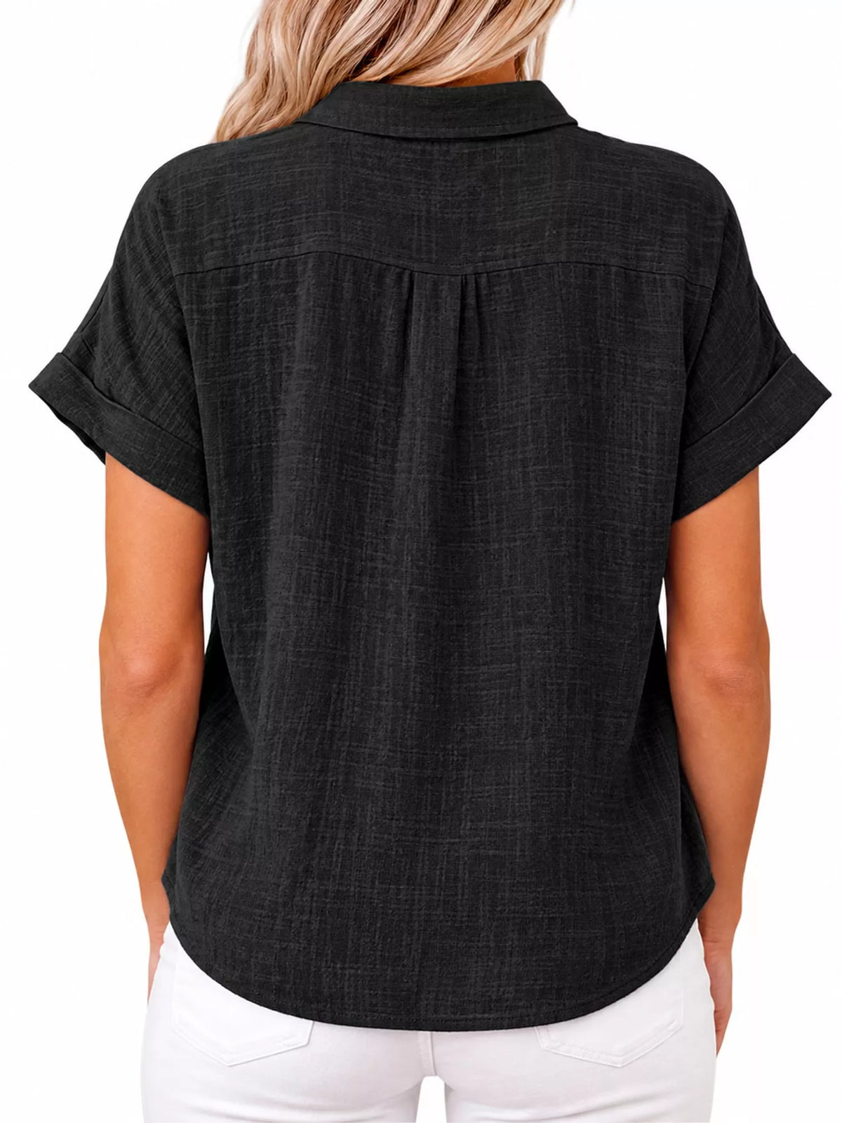 Women's Button Up Short Sleeve Shirt in black — back view