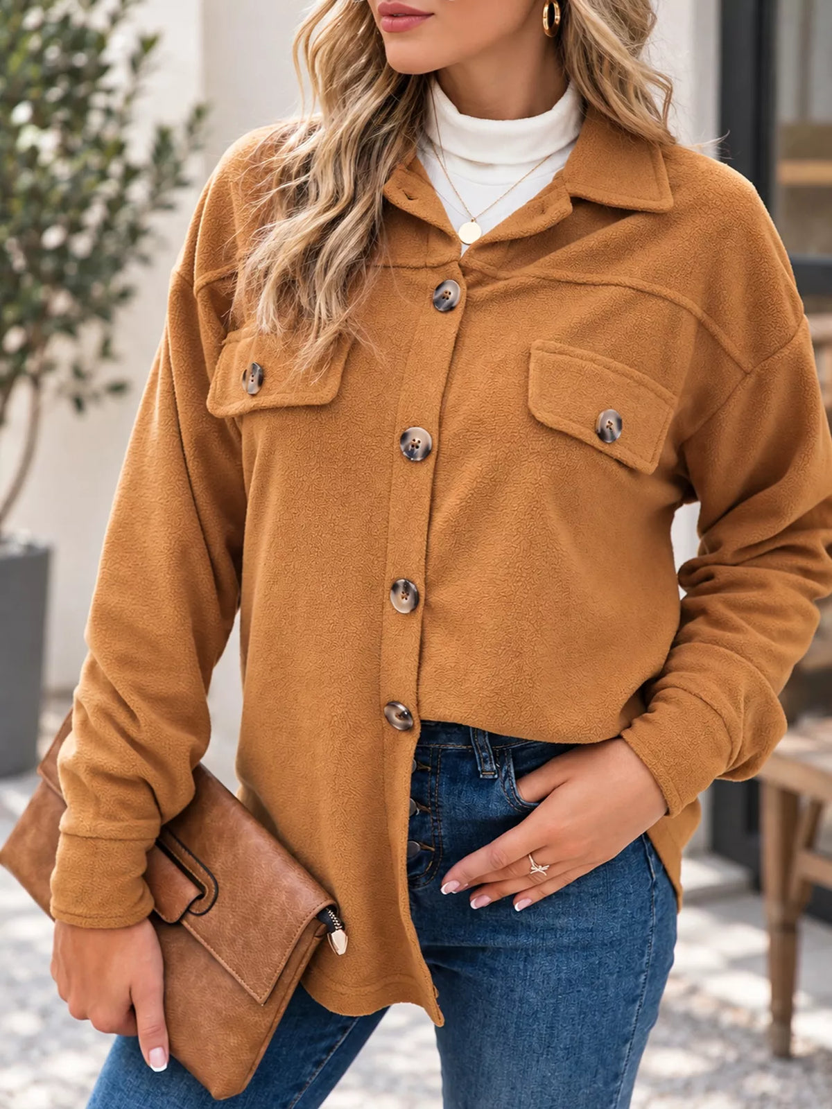 Women's Button-Down Long Sleeve Shacket in camel — front view