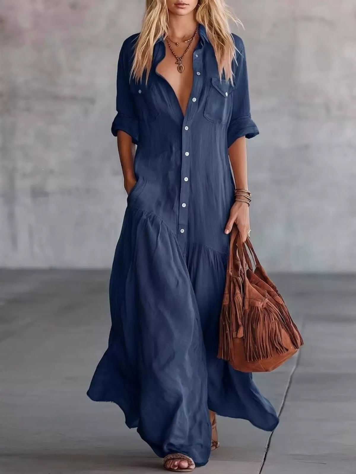 Navy button-down maxi shirt dress with pockets — front view