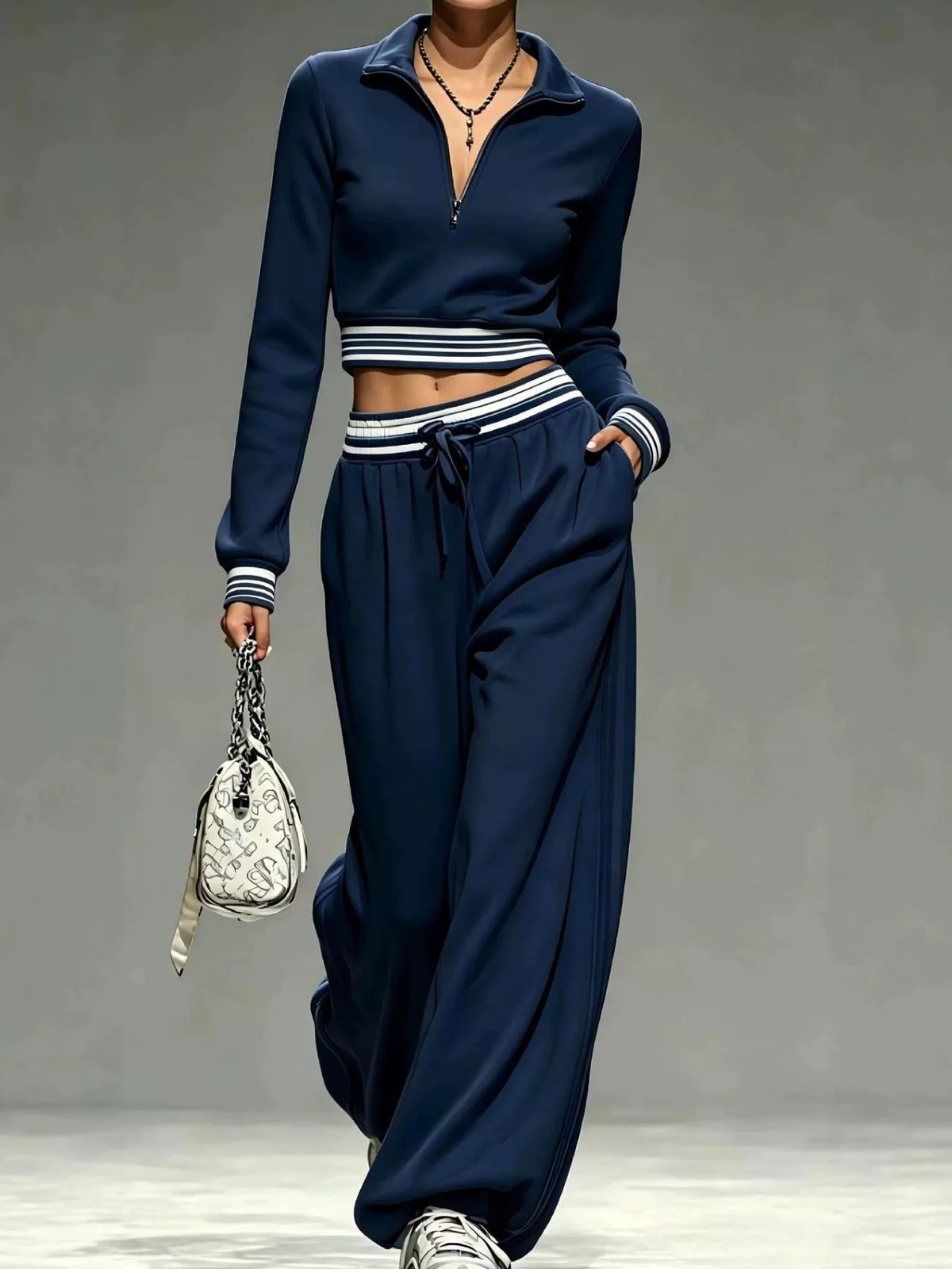Navy half-zip crop top and pants set, pants detail