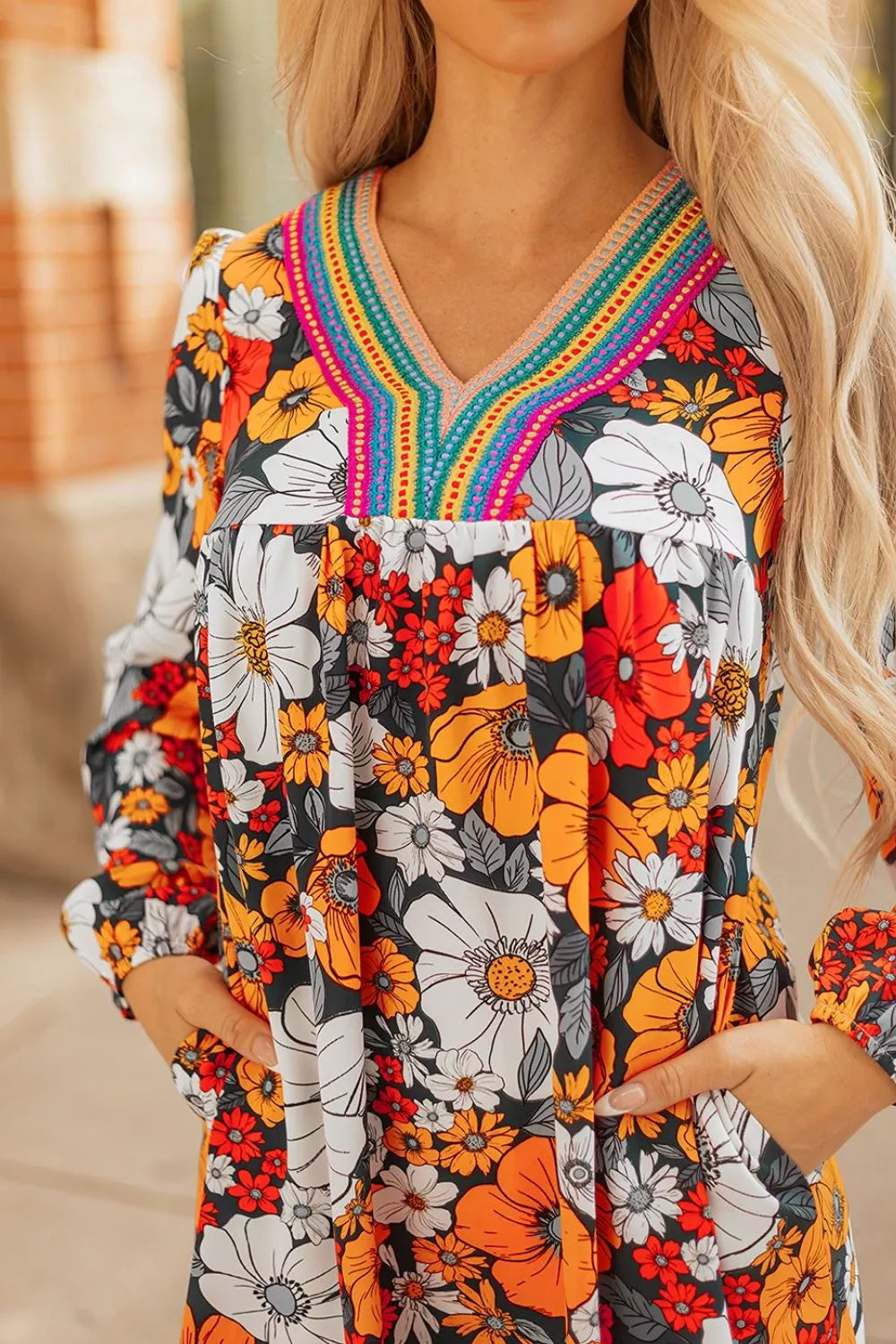 Trendsi Boho Floral Print V-Neck Mini Dress with Pockets - Dresses