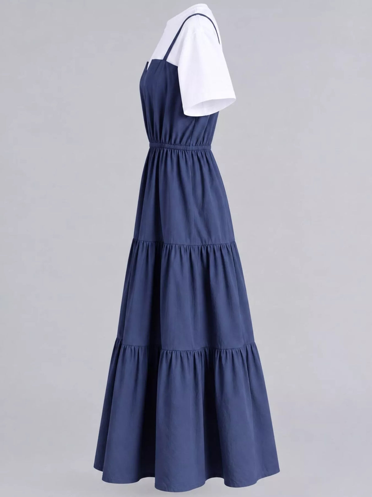Tiered Layered Look Midi Dress in navy blue and white