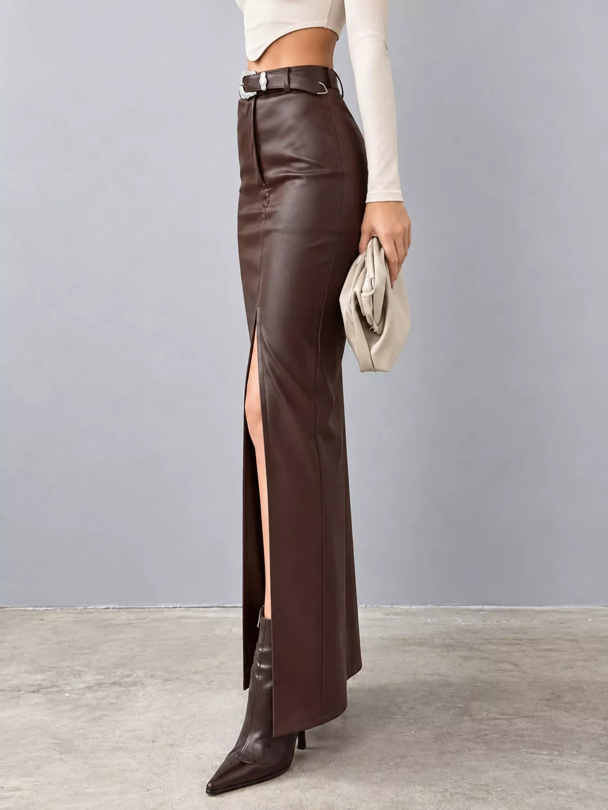 High-Waisted Faux Leather Maxi Skirt with Front Slit — side view