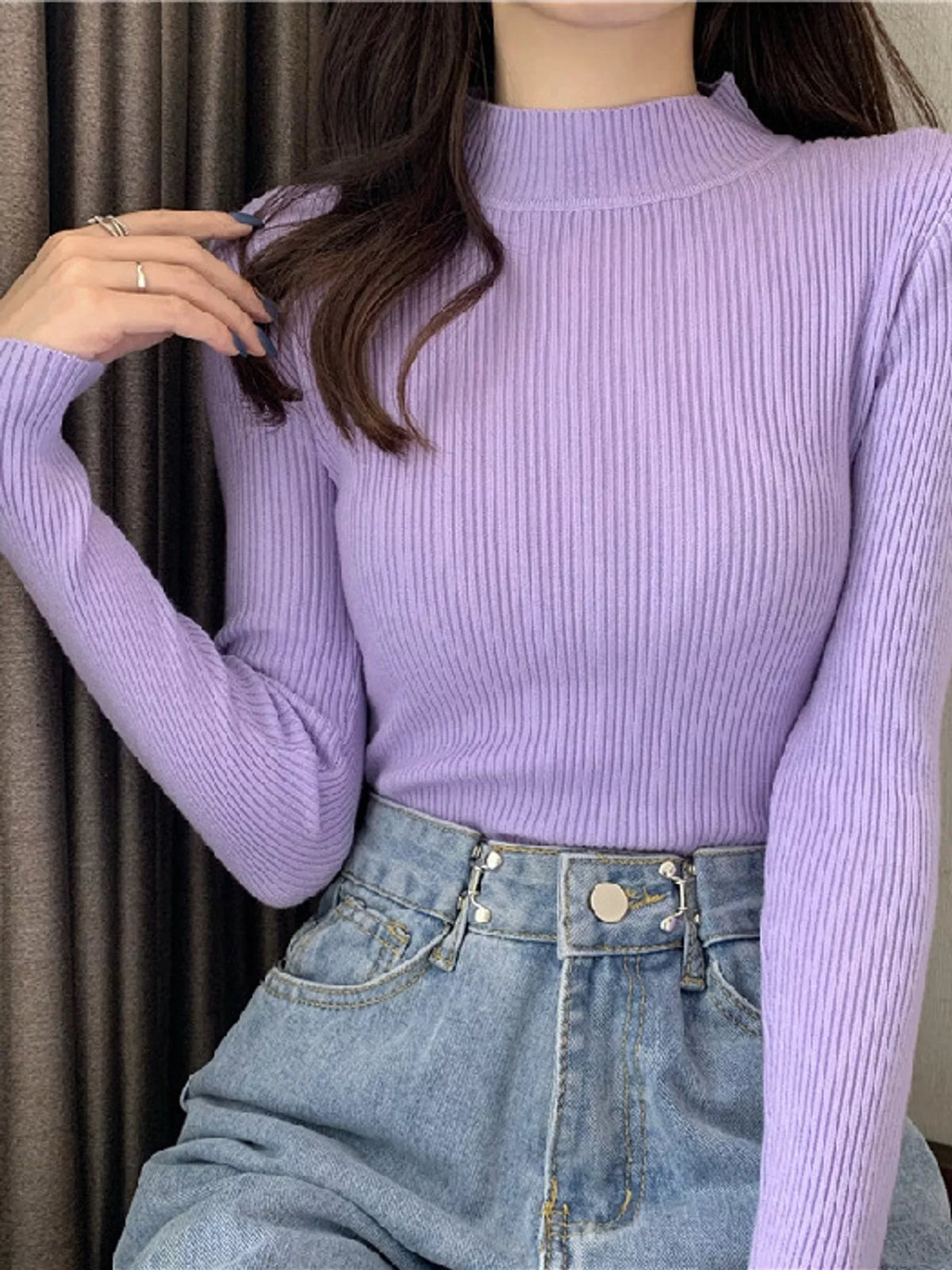 Lavender ribbed mock neck long sleeve knit top