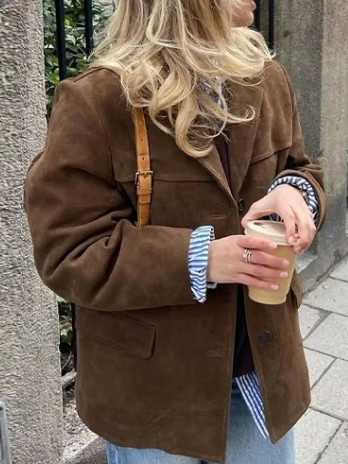 Dark brown lapel blazer, front view
