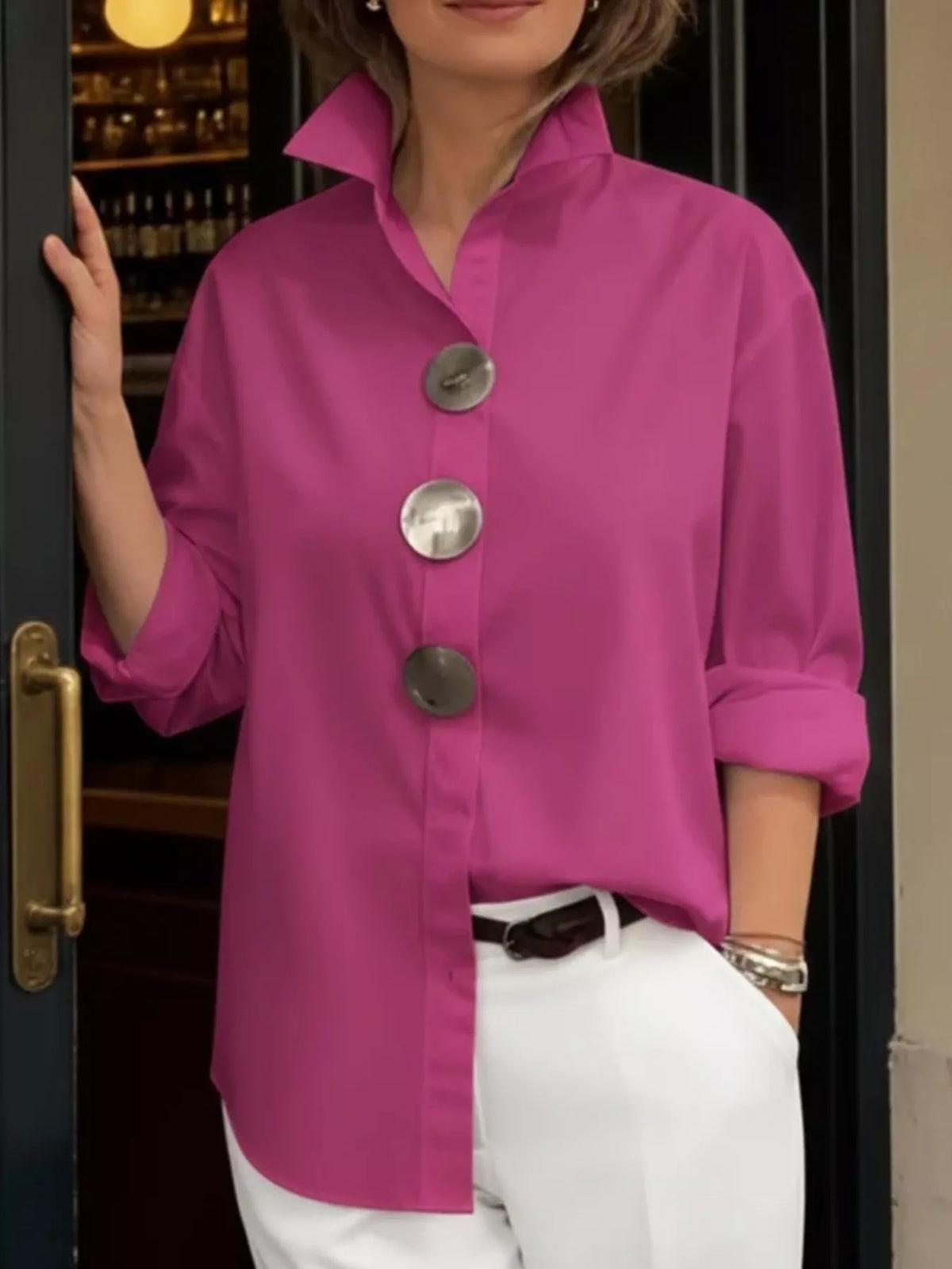 Trendsi Full Size Oversized Metal Button Long Sleeve Shirt Plus Size -