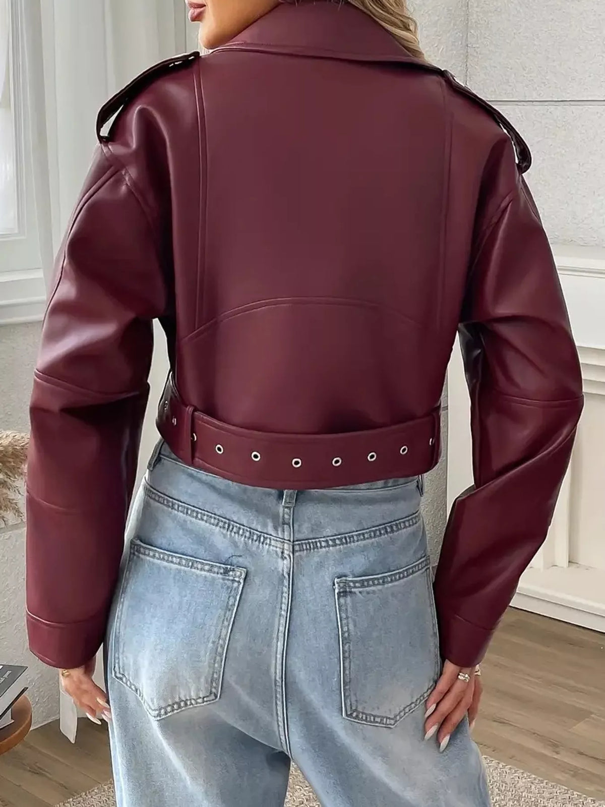 Faux Leather Zip Up Jacket in burgundy, back view