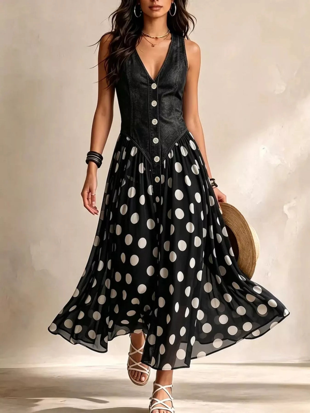 Black polka dot sleeveless maxi dress — front view
