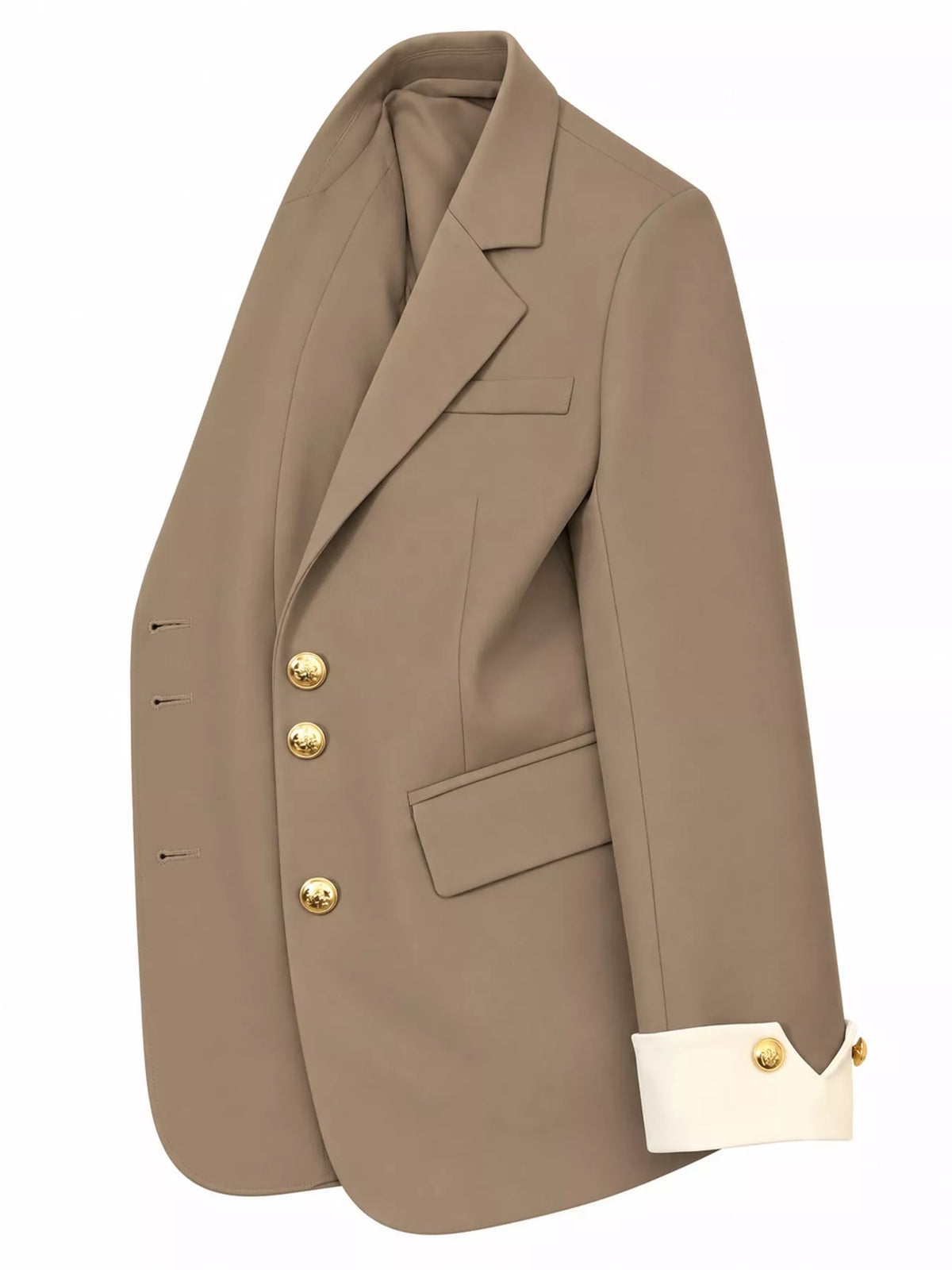 Taupe single-breasted blazer with gold-tone buttons, side view