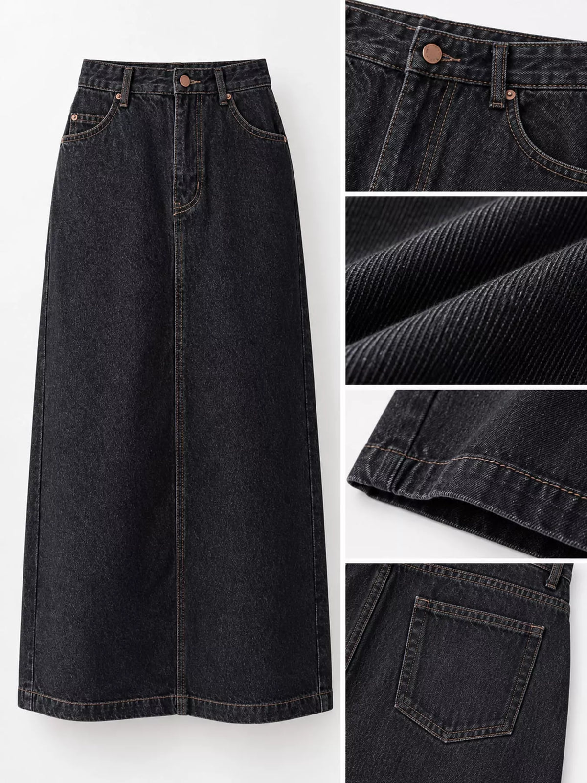 High-waisted denim midi skirt — black waist pocket and fabric details