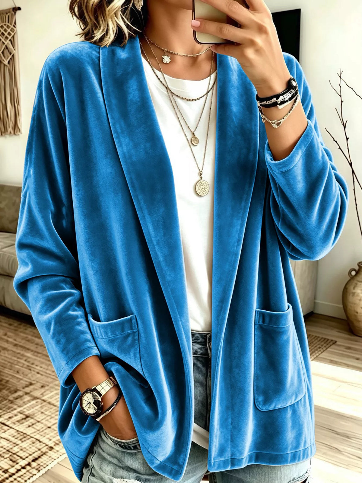 Women's Velvet Open-Front Cardigan in blue — front view