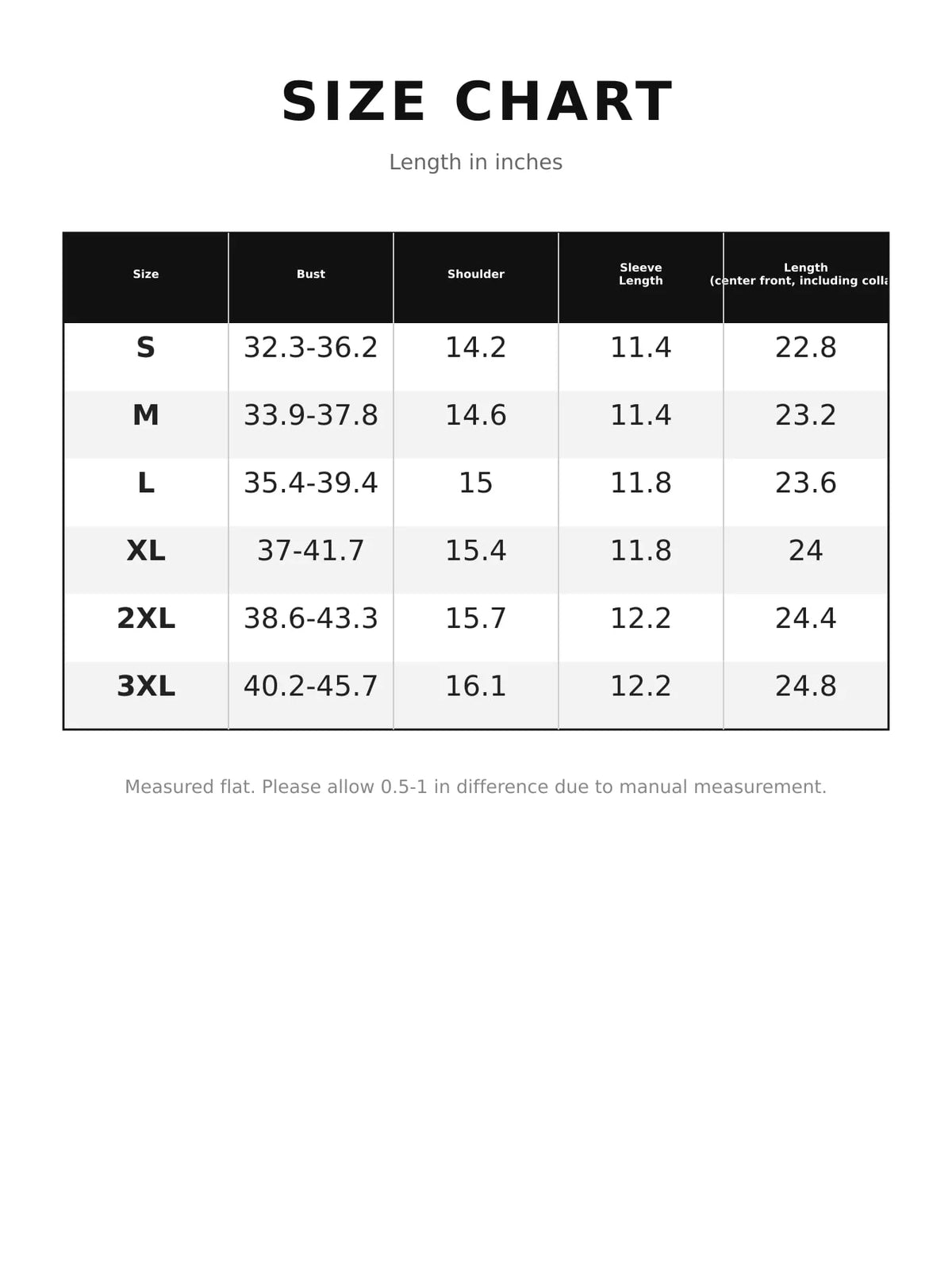 Size chart for mock neck half sleeve t-shirt