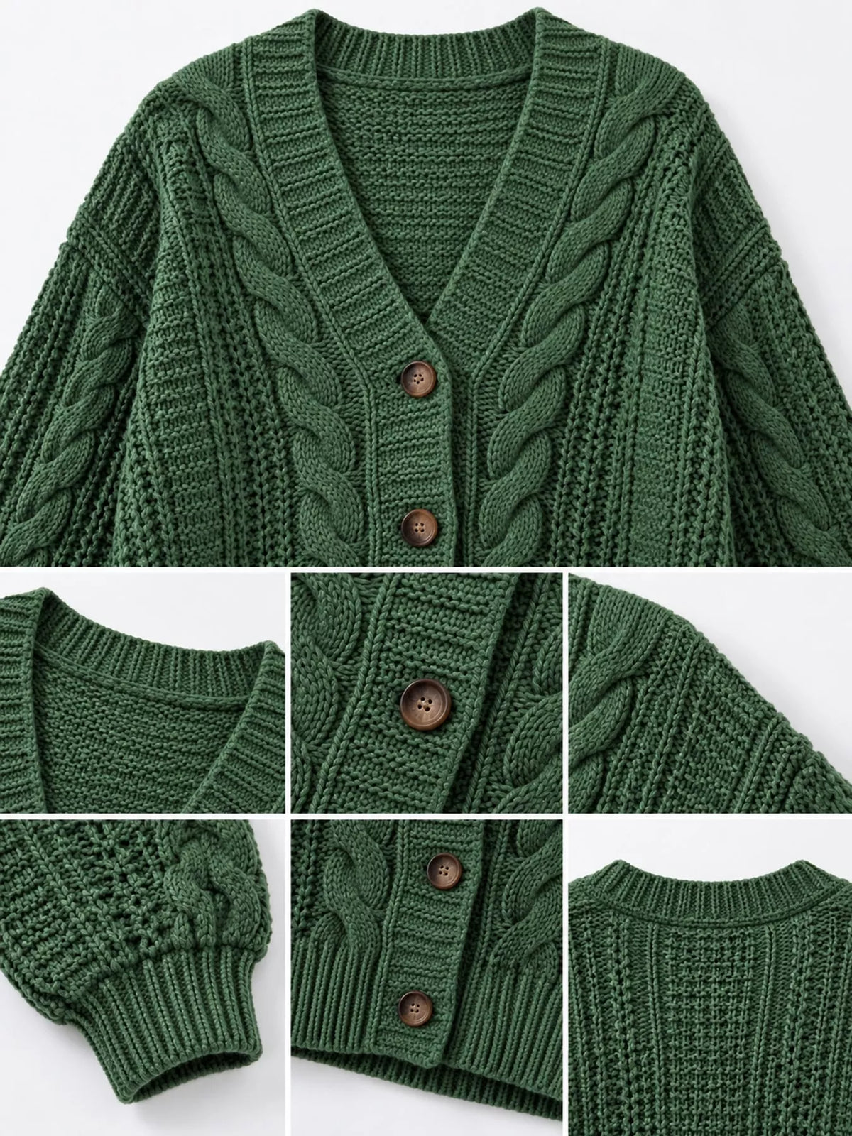 Green cable knit button-down cardigan, cable knit, neckline, buttons, and ribbed cuff