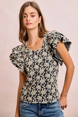 Trendsi BiBi Floral Jacquard Ruffle Sleeves Knit Top -