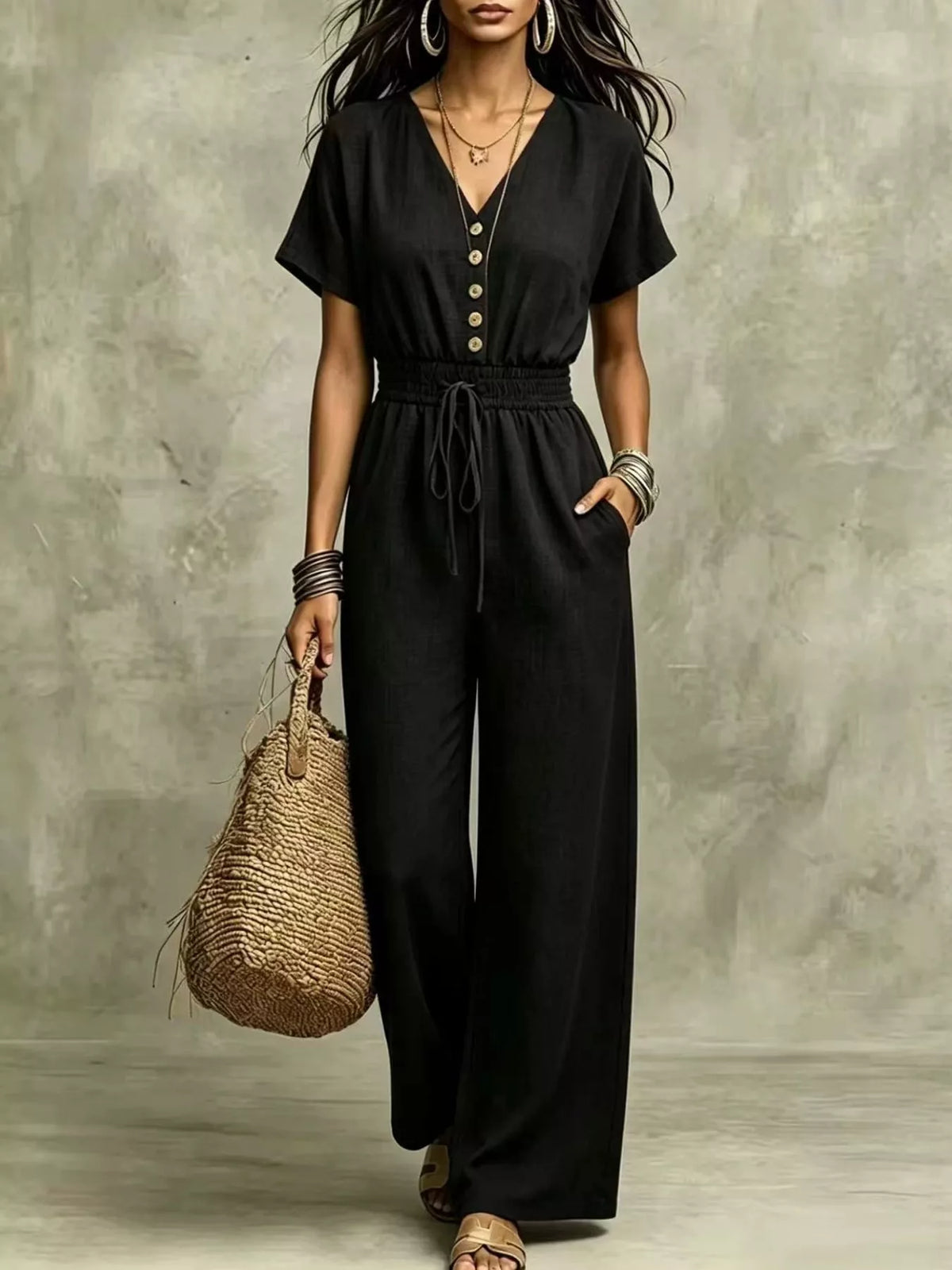 Black wide-leg short-sleeve jumpsuit