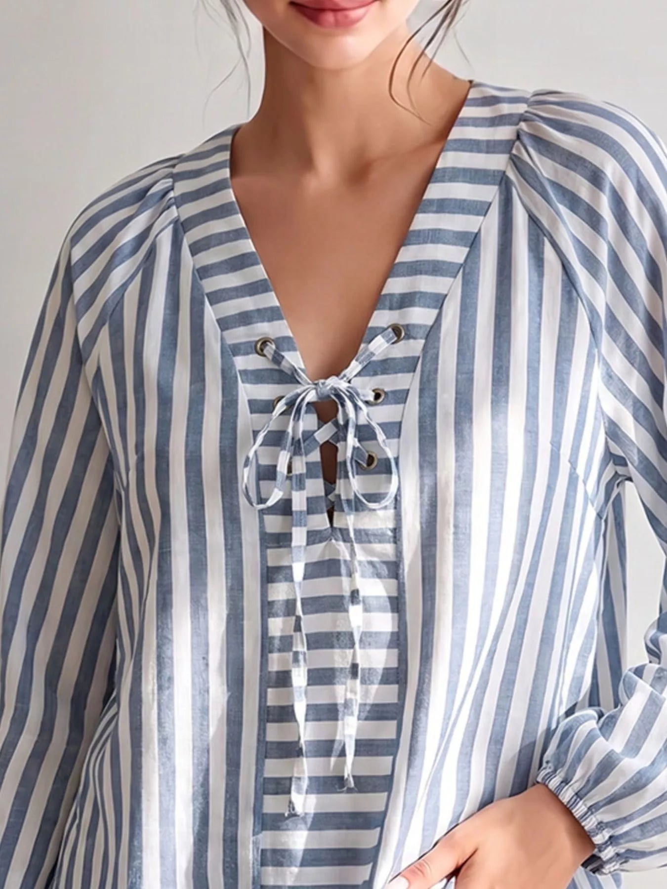 Trendsi Striped Tie Front Long Sleeve Blouse -