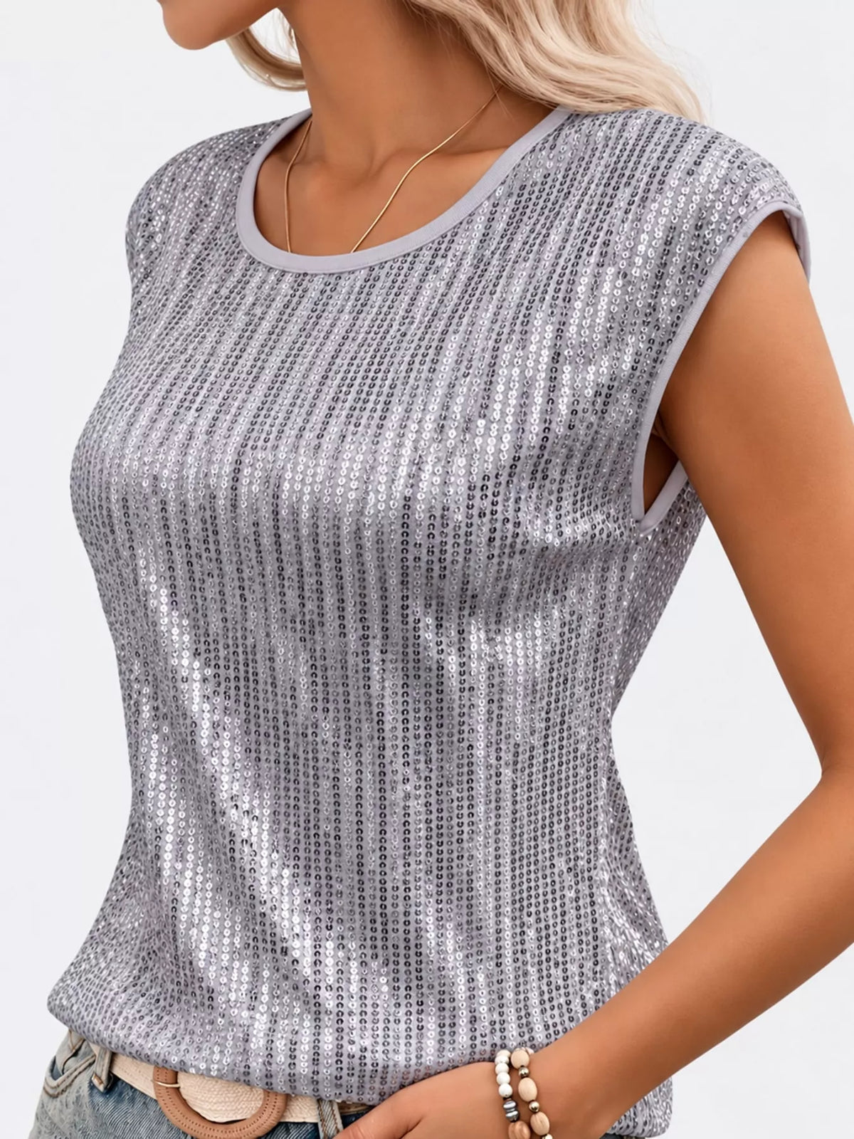 Silver sequin round neck tank, side view