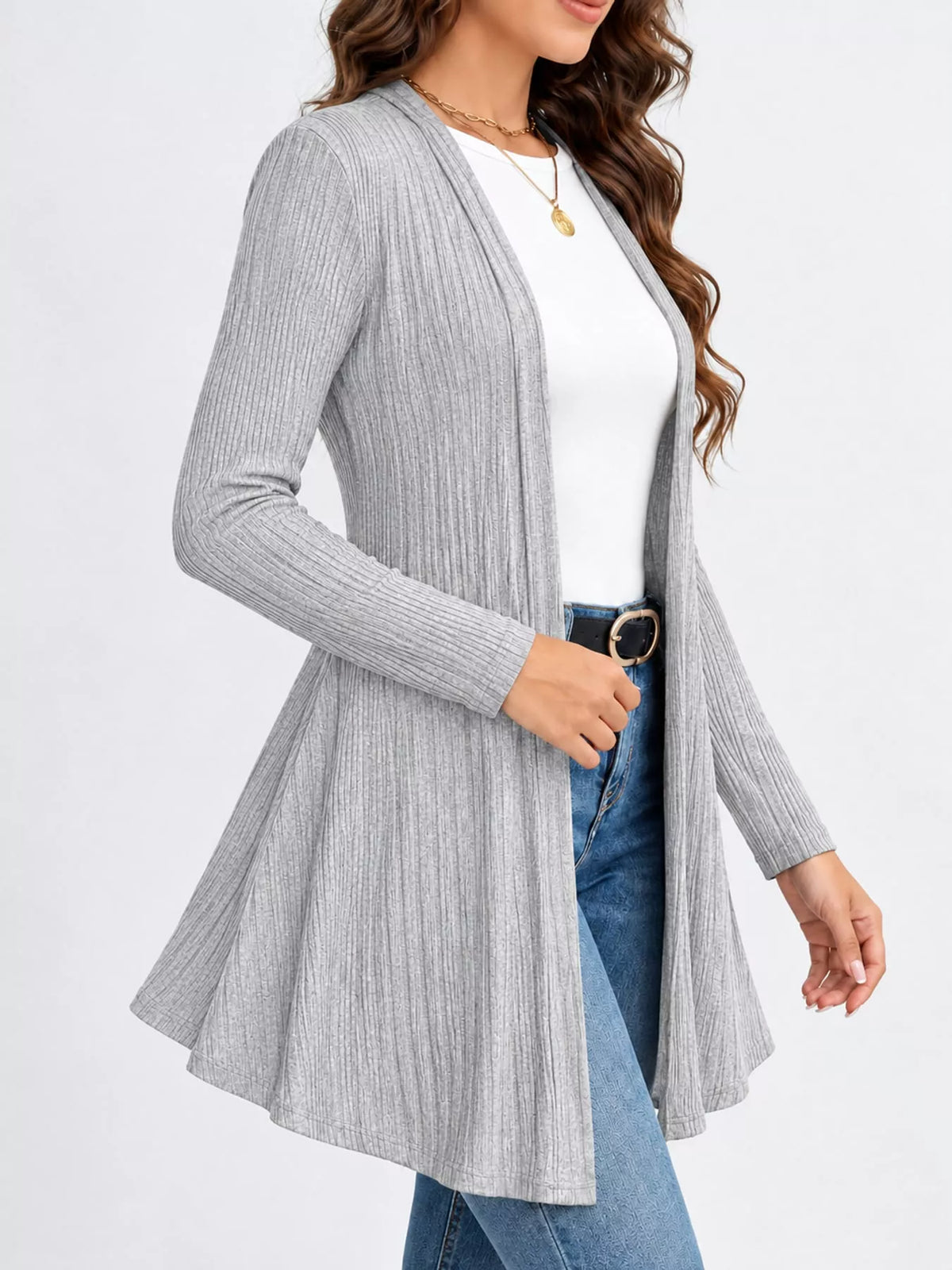 Gray ribbed knit open front cardigan