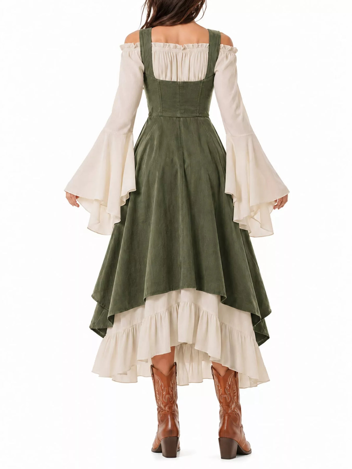 Green corset style lace-up bell sleeve dress — back view