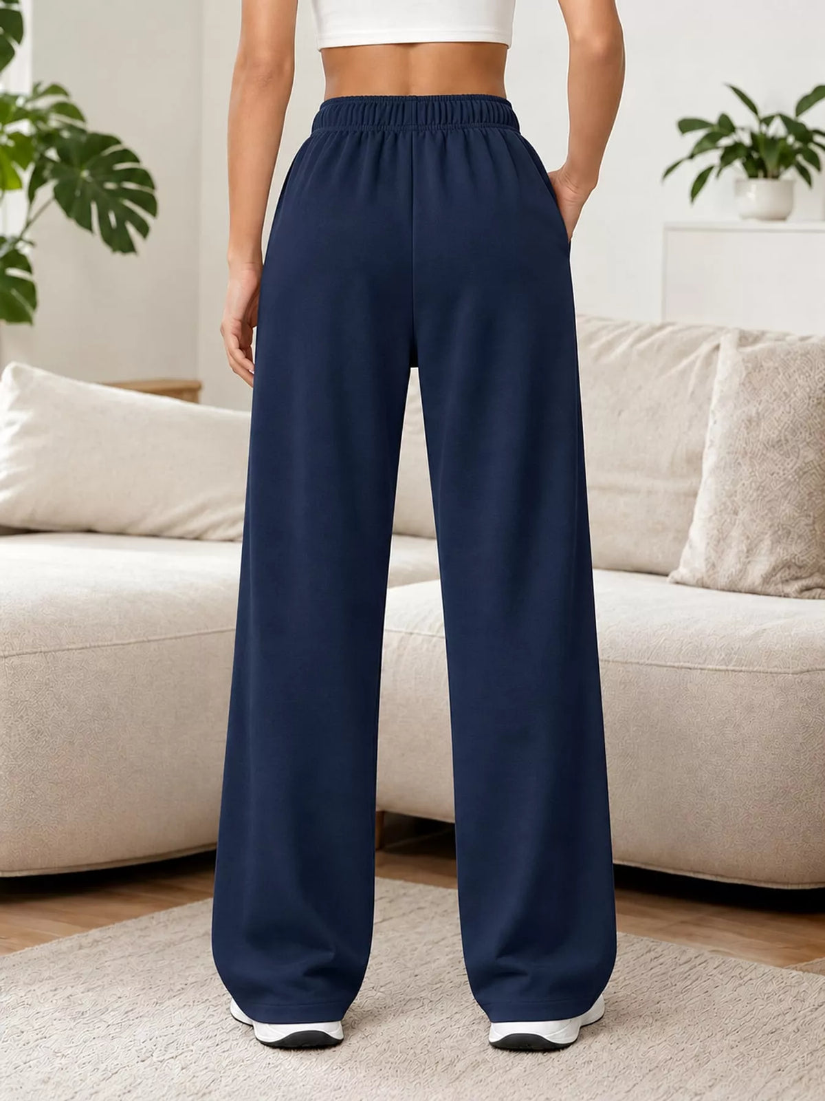 Navy wide-leg pants with drawstring, back view