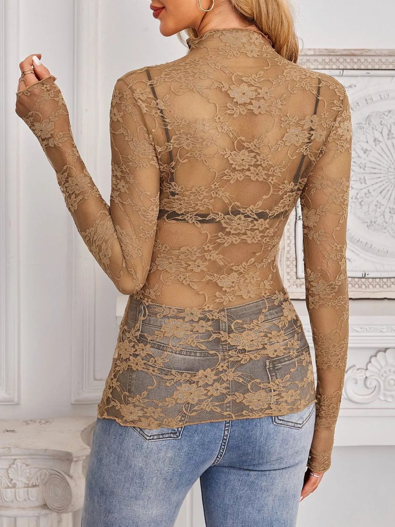 Trendsi Sheer Floral Lace Long Sleeve Top -