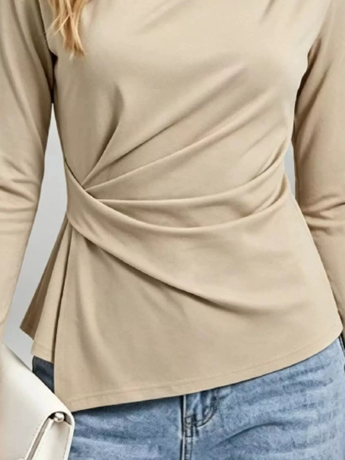 Ruched long-sleeve top, khaki waist detail