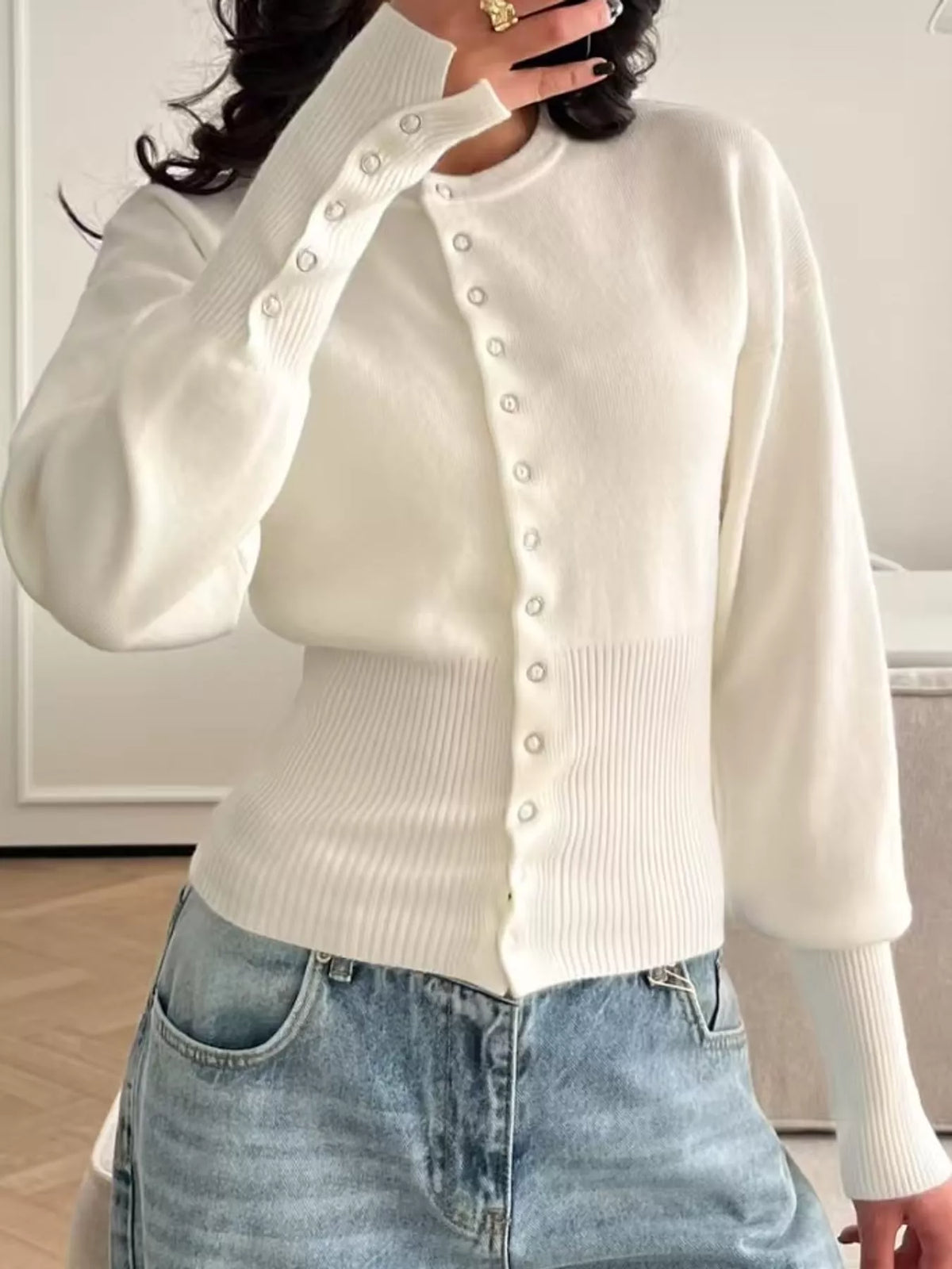 White button up ribbed waist cardigan