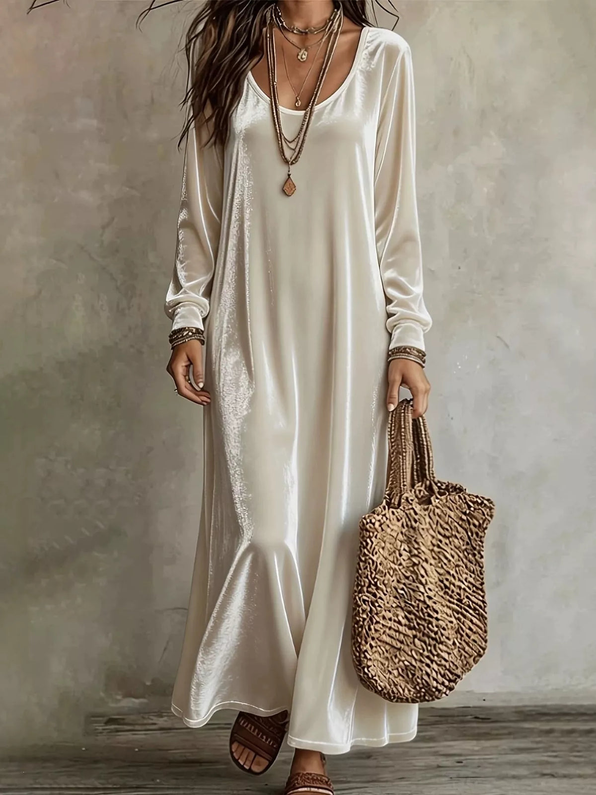 Velvet maxi dress, ivory front