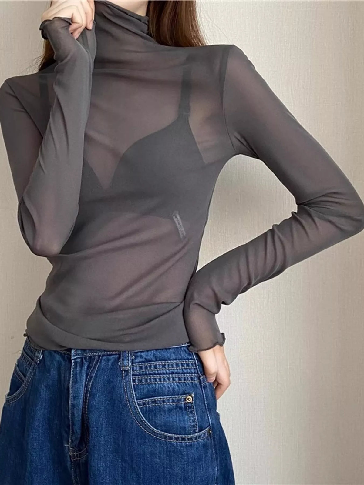 Gray sheer turtleneck mesh t-shirt