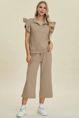 Trendsi Double Take Full Size Texture Ruffle Short Sleeve Top and Wide Leg Pants Set -