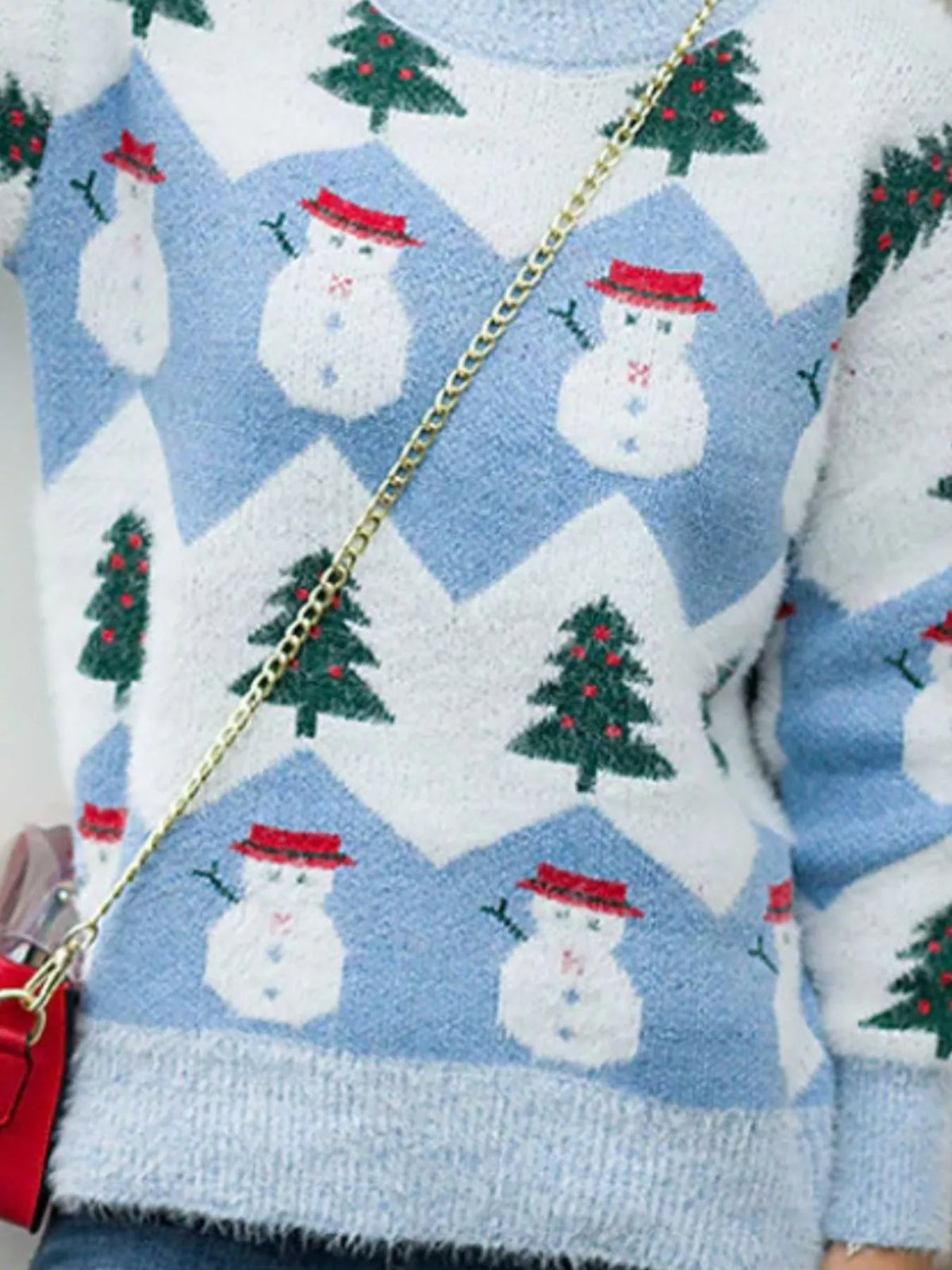 Women's Christmas Snowman Dropped Shoulder Sweater in Pink, front view