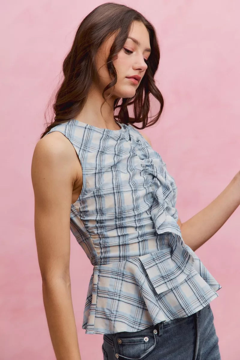 Women's Plaid Sleeveless Ruffle Peplum Top Blue And White Cotton — product view 10