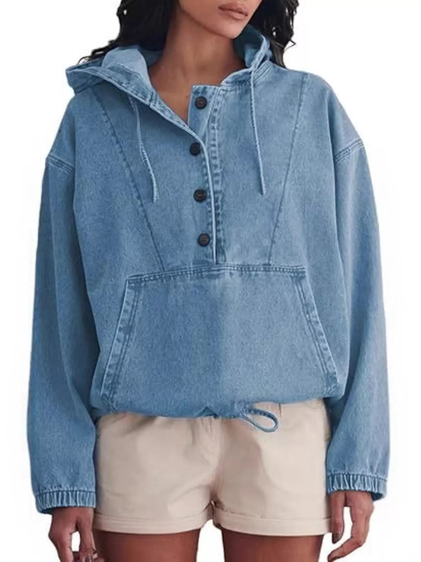 Trendsi Casual Hooded Kangaroo Pocket Denim Jacket -