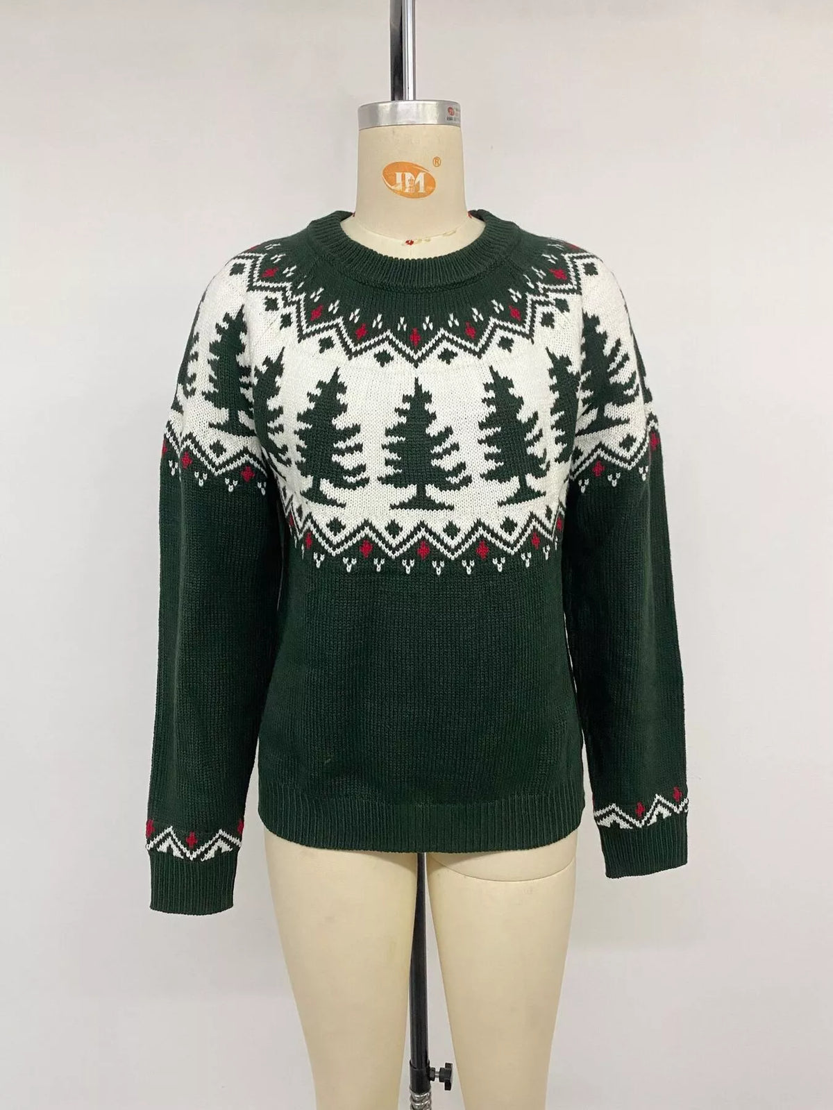 Dark green Christmas tree sweater, front on mannequin