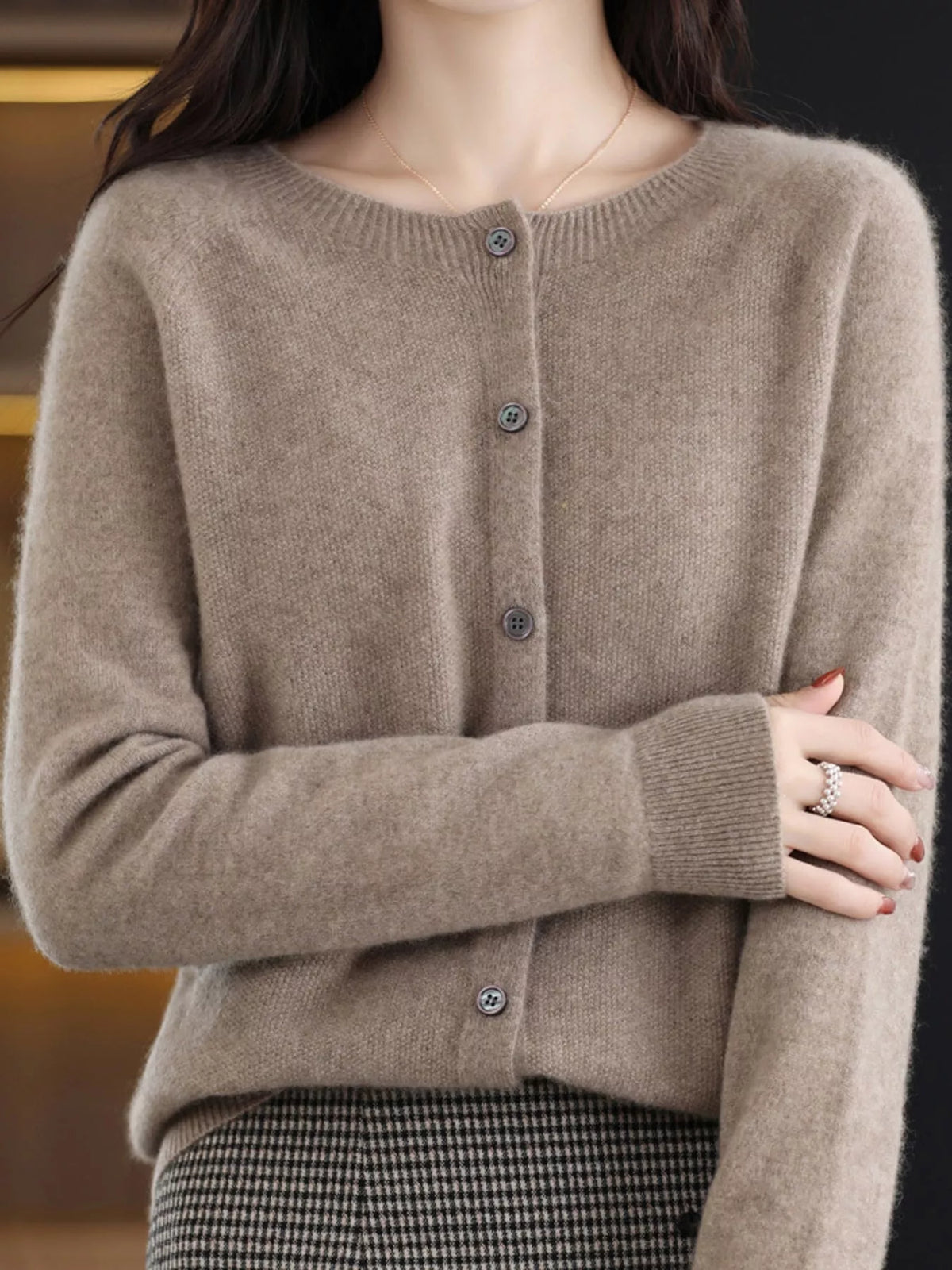 Round neck long sleeve cardigan, front view on model