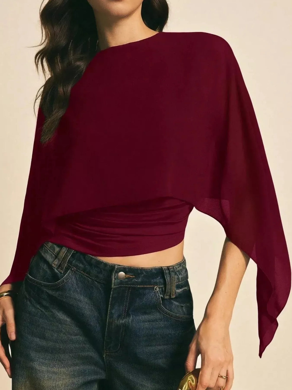 Burgundy cape sleeve round neck blouse