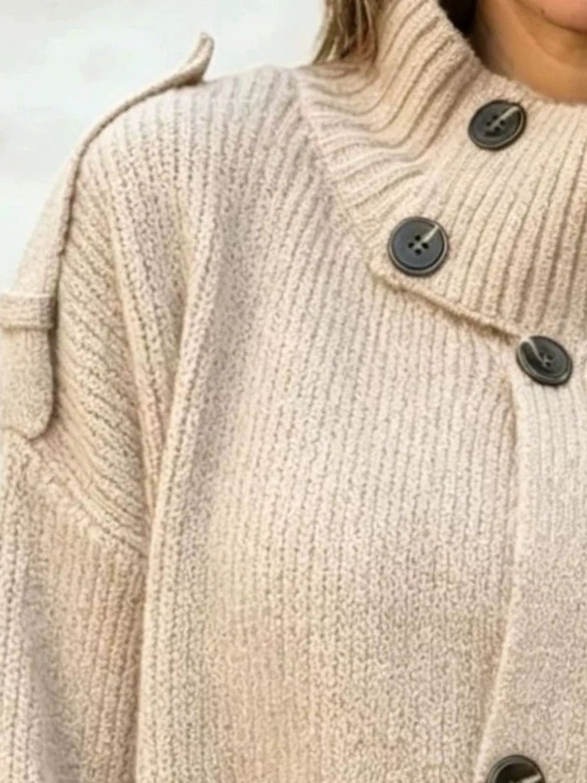 Button-Up Mock Neck Cardigan in beige, neckline detail