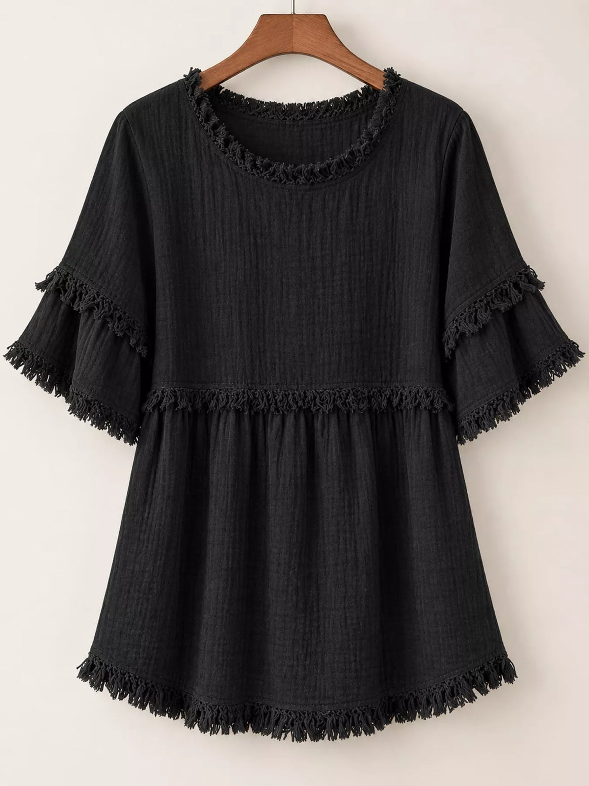 Black frayed edge textured blouse