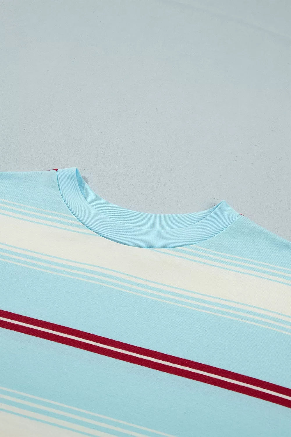 Striped Patchwork Long Sleeve Pullover Top in blue, neckline detail