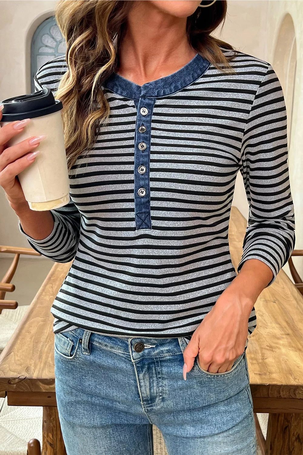 Trendsi Stripe Denim Contrast Collar Half Button Long Sleeve Top -
