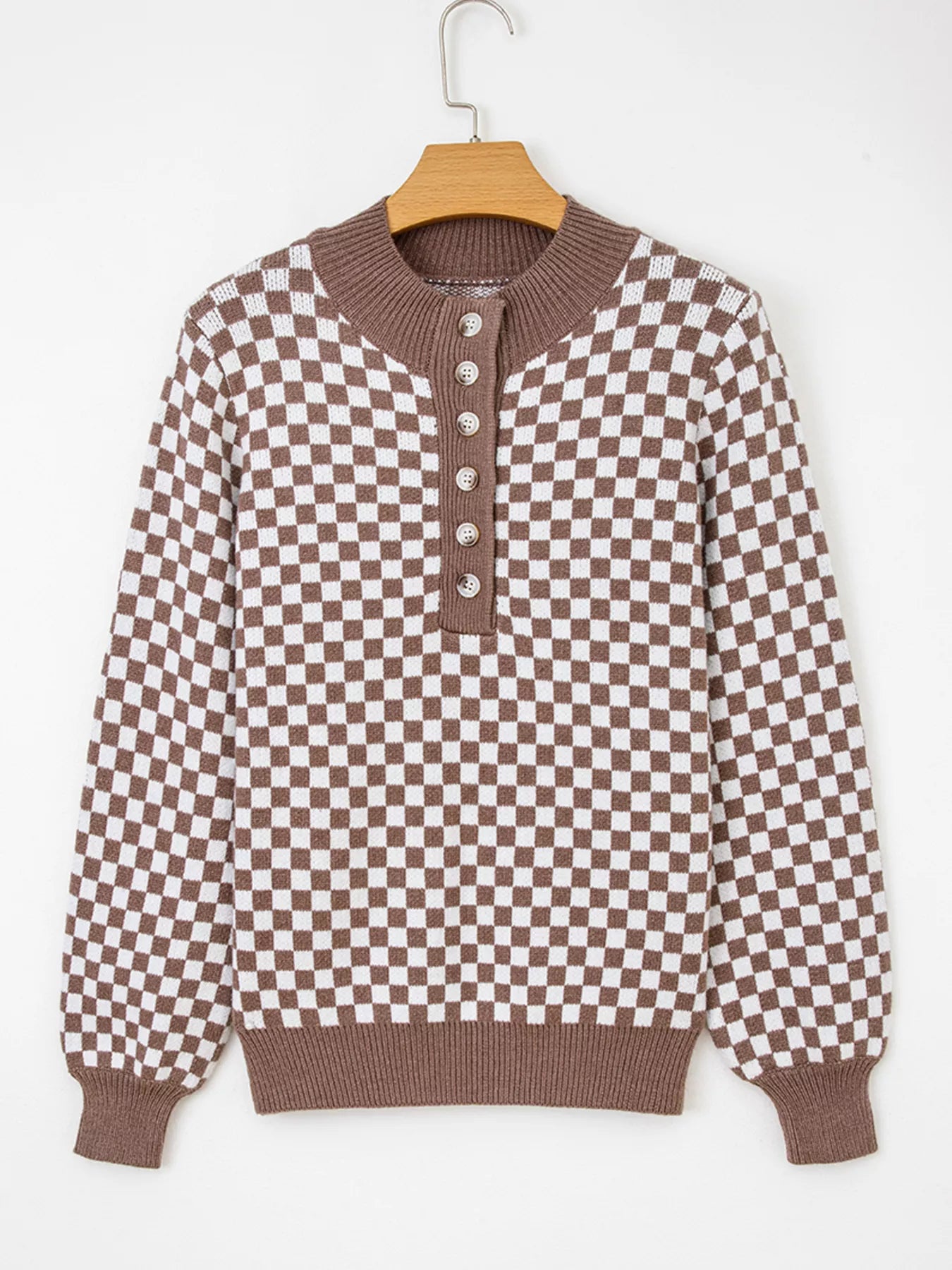 Trendsi Half Button Ribbed Trim Checkerboard Knit Sweater -