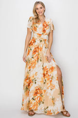 Trendsi HYFVE Floral Tie Back Short Sleeve Slit Maxi Dress -