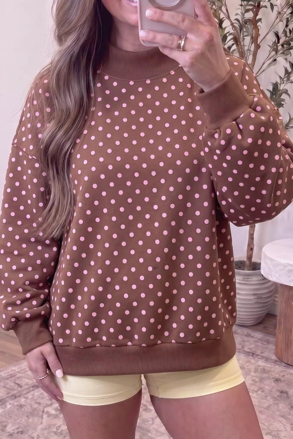 Brown polka dot mock neck sweatshirt