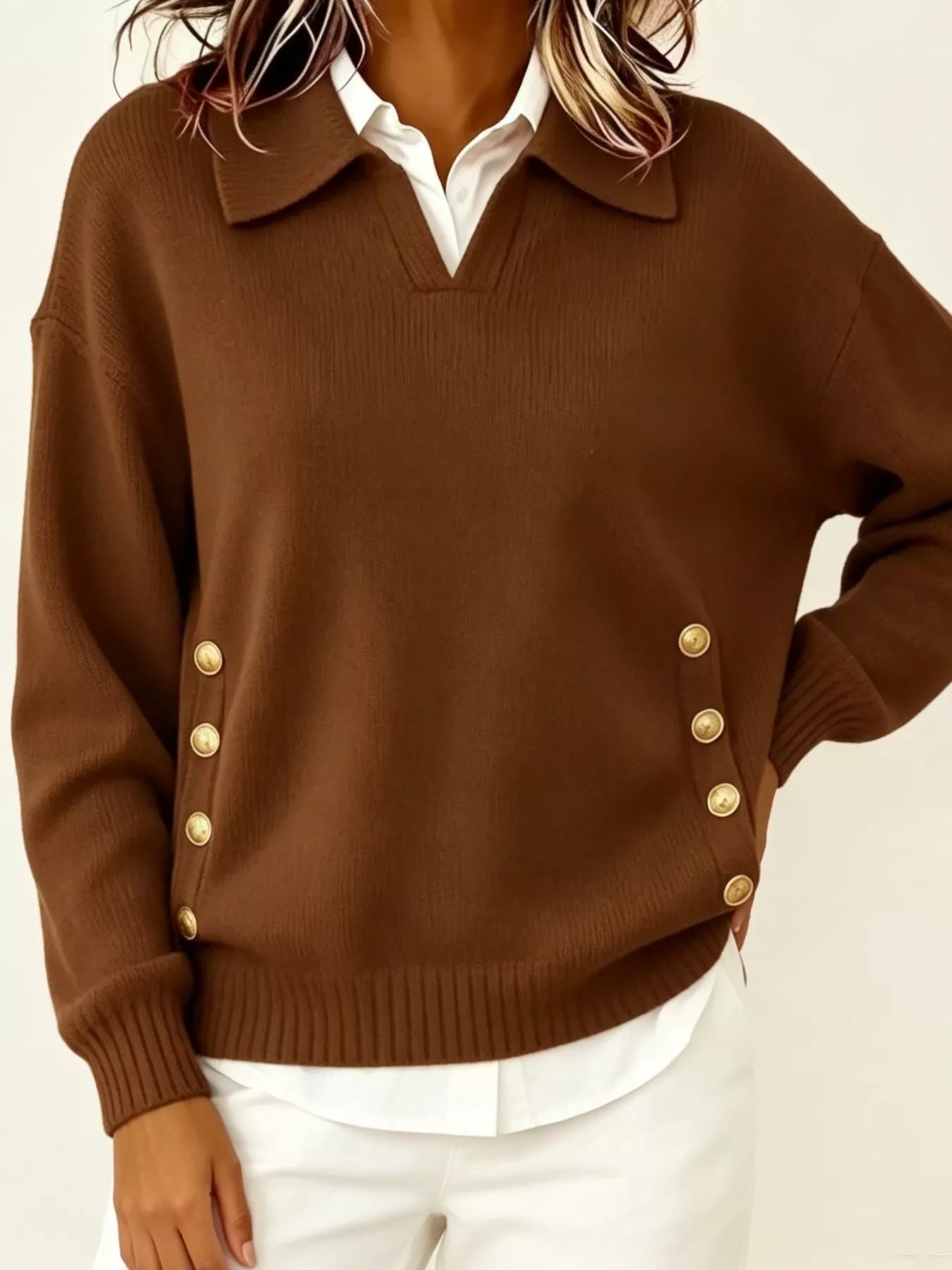 Trendsi Chic Collared Decor-Button Sweater -