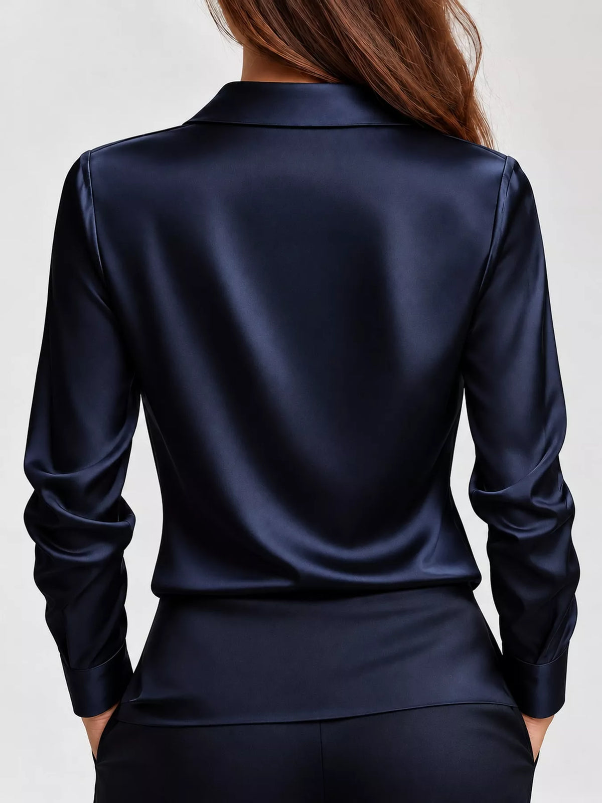 Navy satin cowl neck blouse, back view