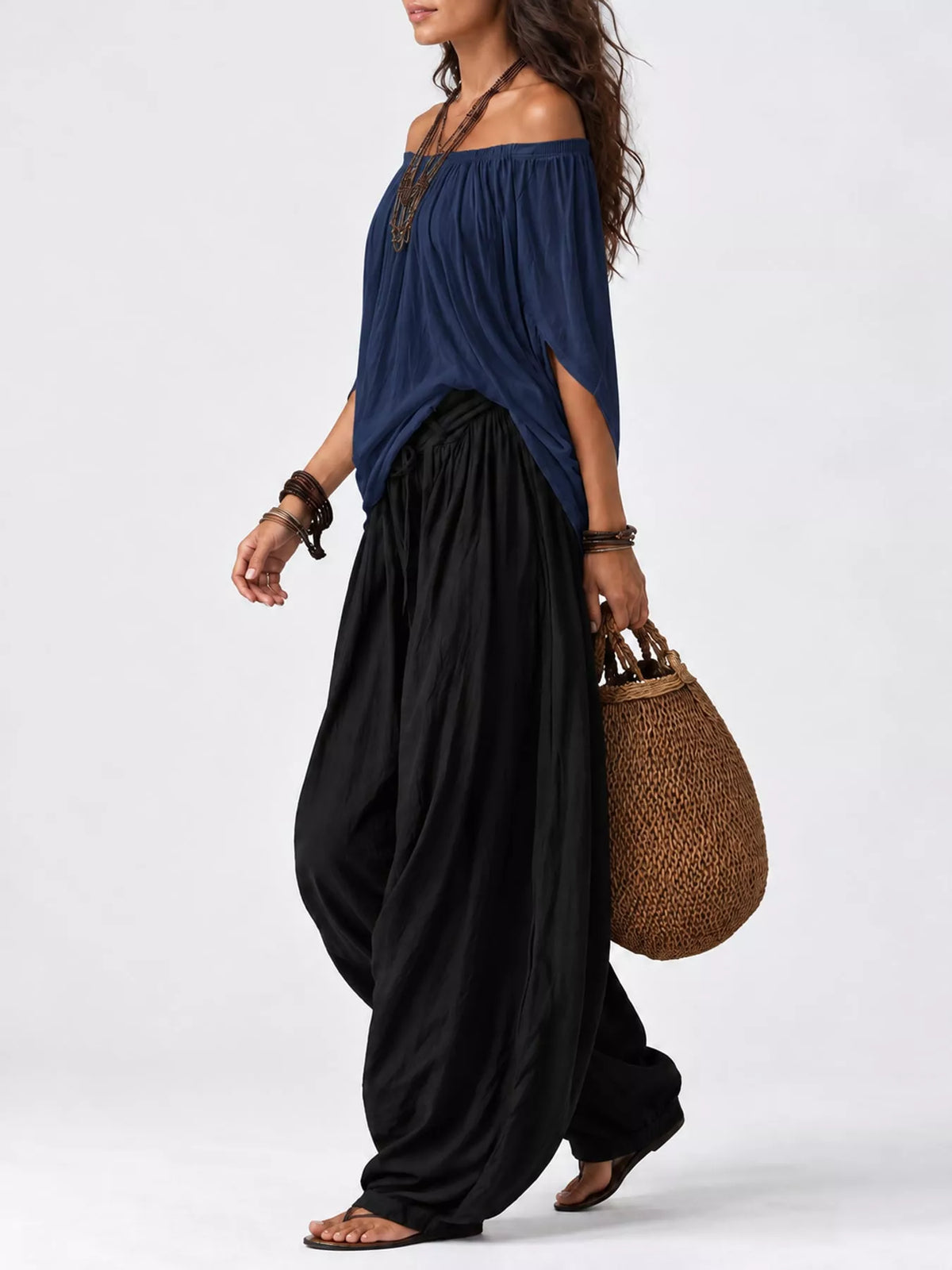 Navy top and black pants off-shoulder top and wide-leg harem pants set — side view