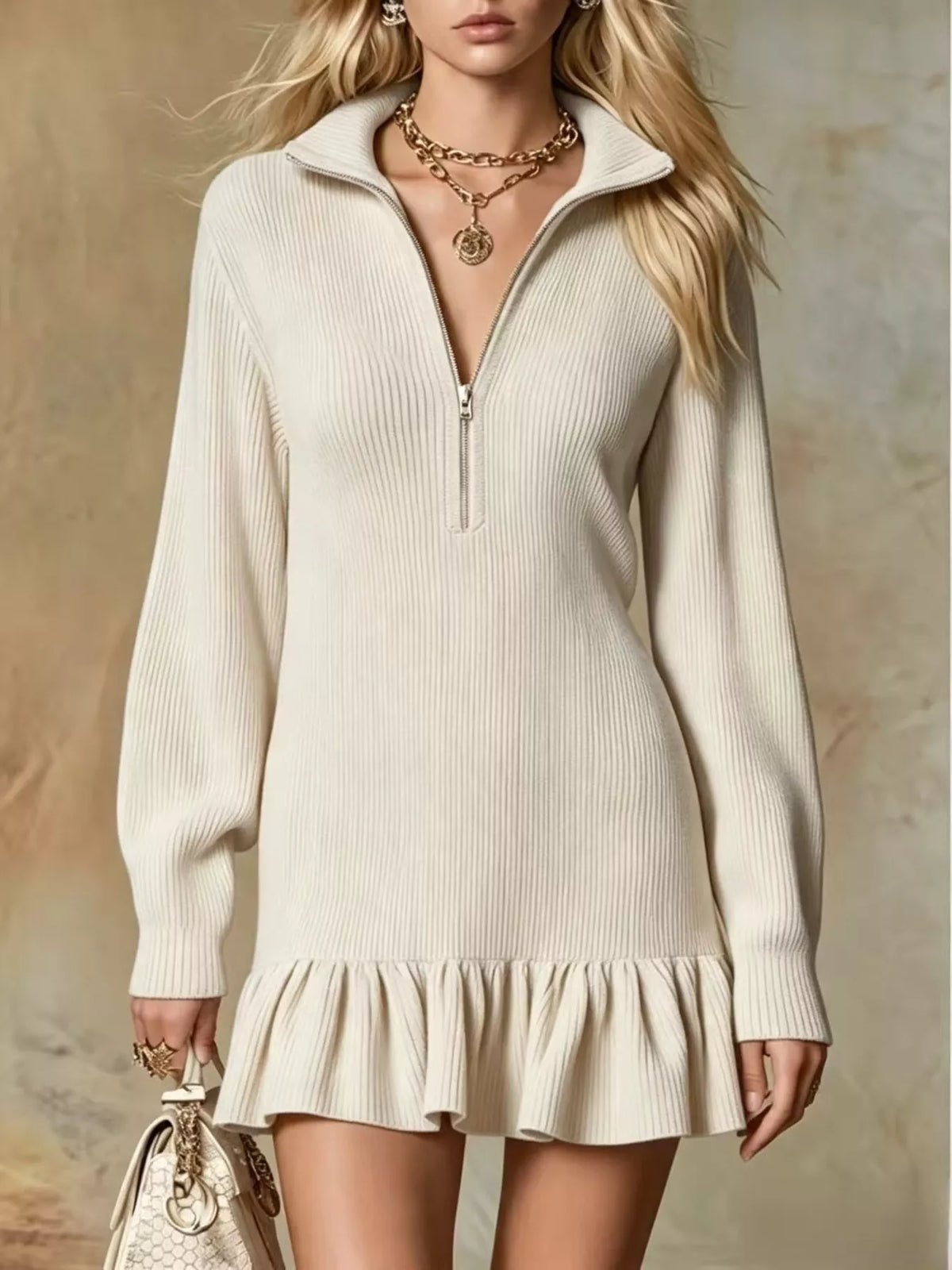 Cream half-zip ruffle-hem dress, front view