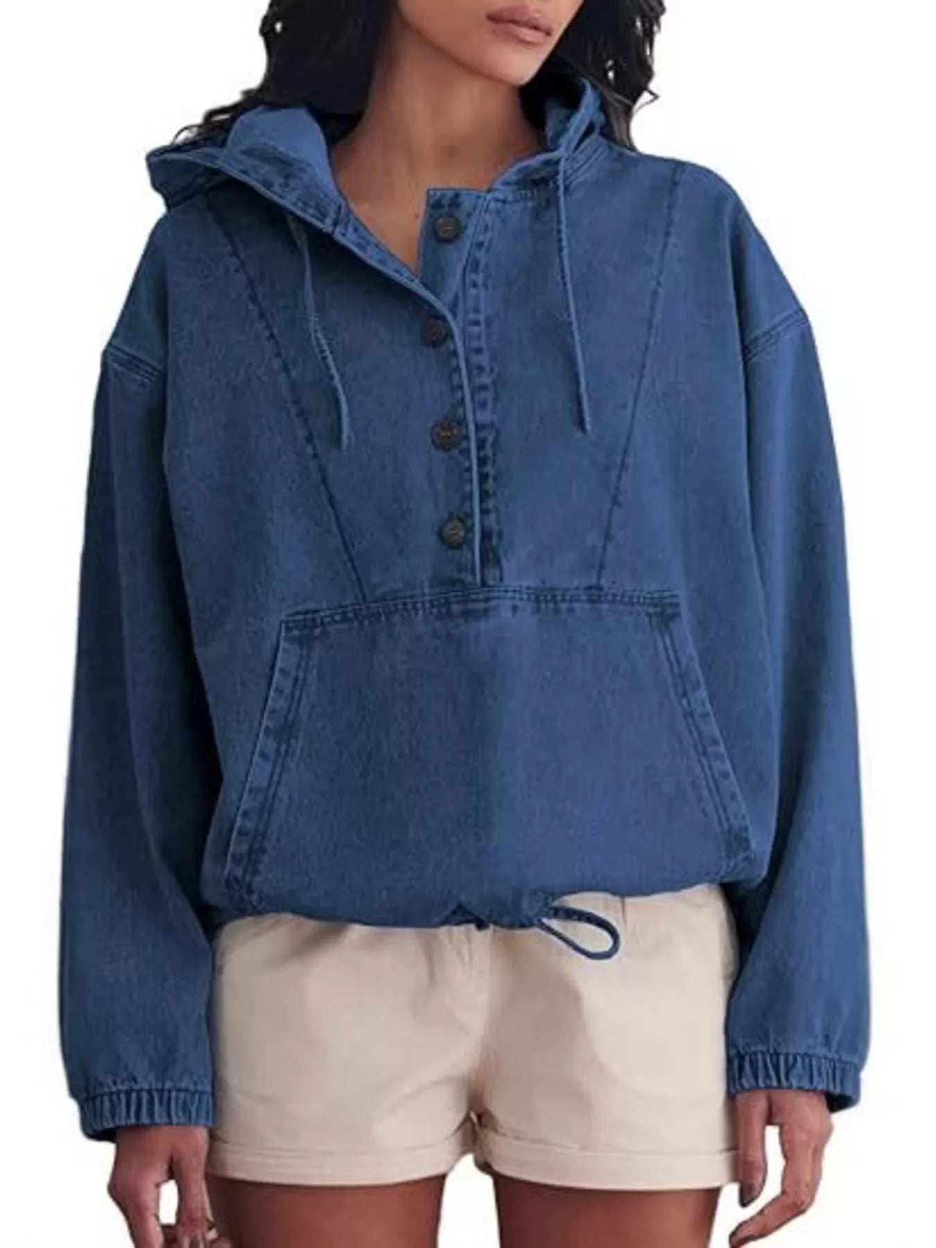 Trendsi Casual Hooded Kangaroo Pocket Denim Jacket -