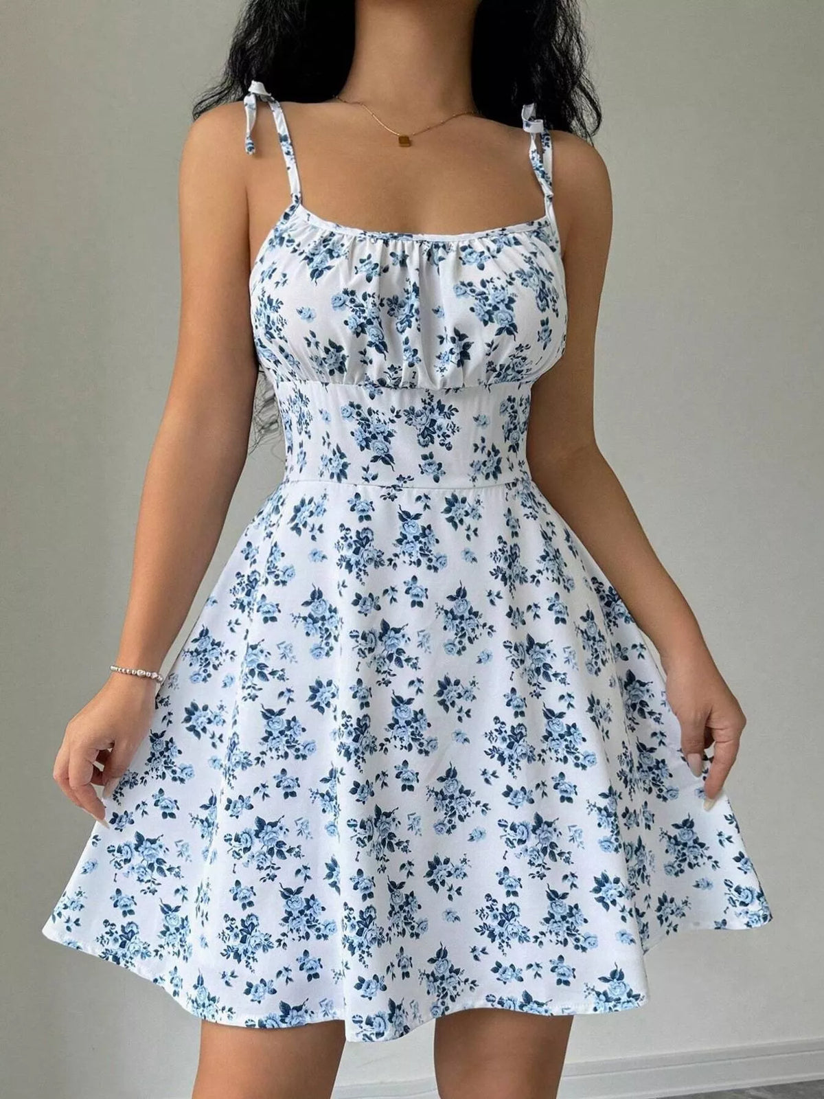Floral print spaghetti strap a-line mini dress