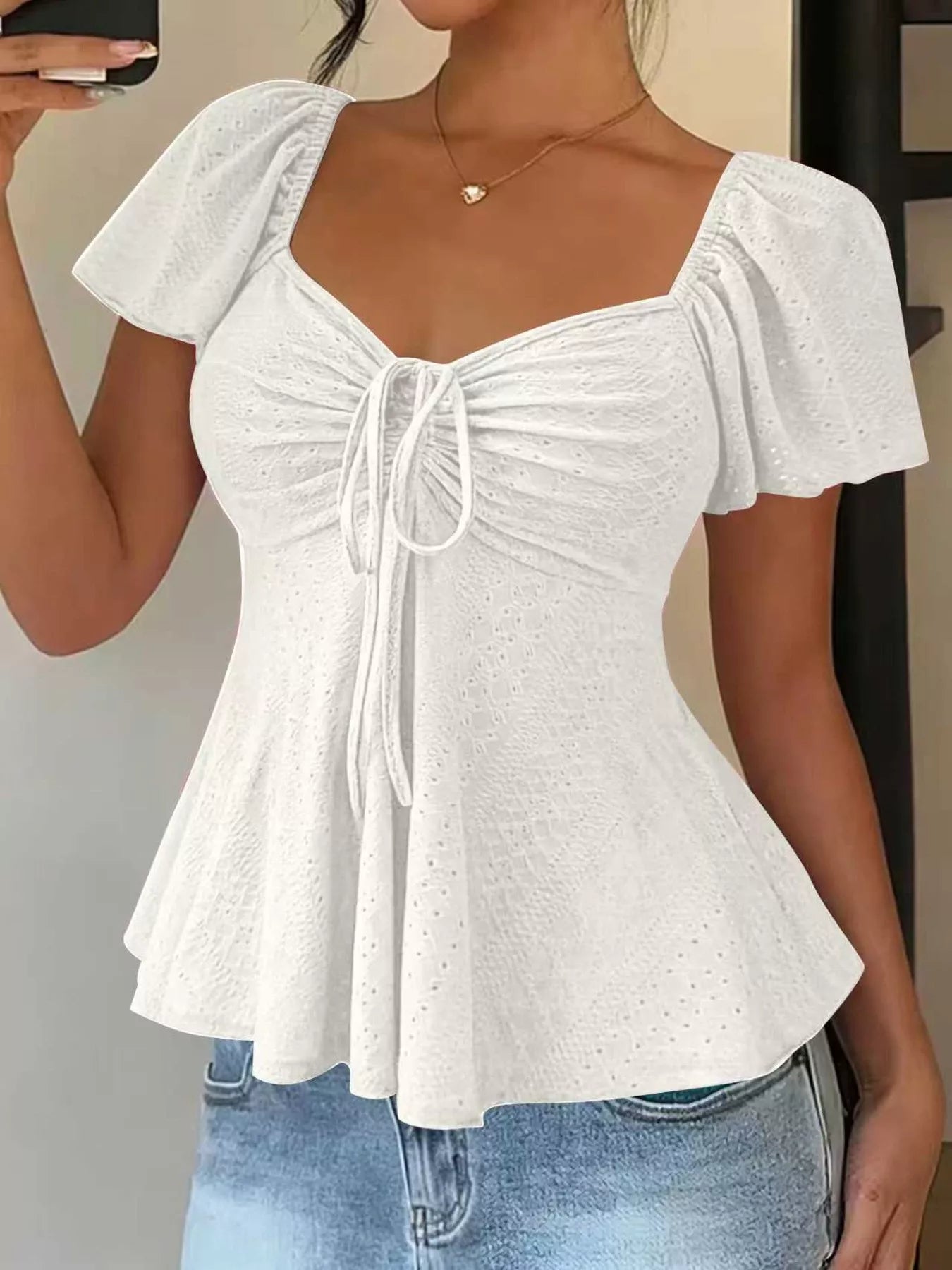 Trendsi Ruched Flutter Sleeve Peplum Top -